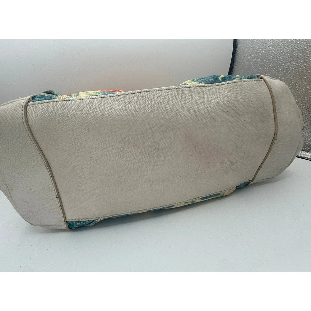 Floral Canvas Satchel Handbag Orange Blue Abstract Print Faux Leather Trim‎